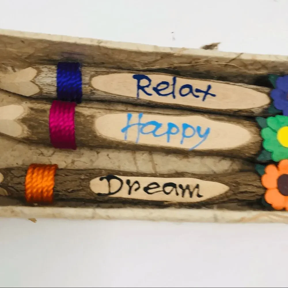 Handmade Natural Twig Pencil Set 3pc Relax Happy Dream Wood Branch Pencils Boxed